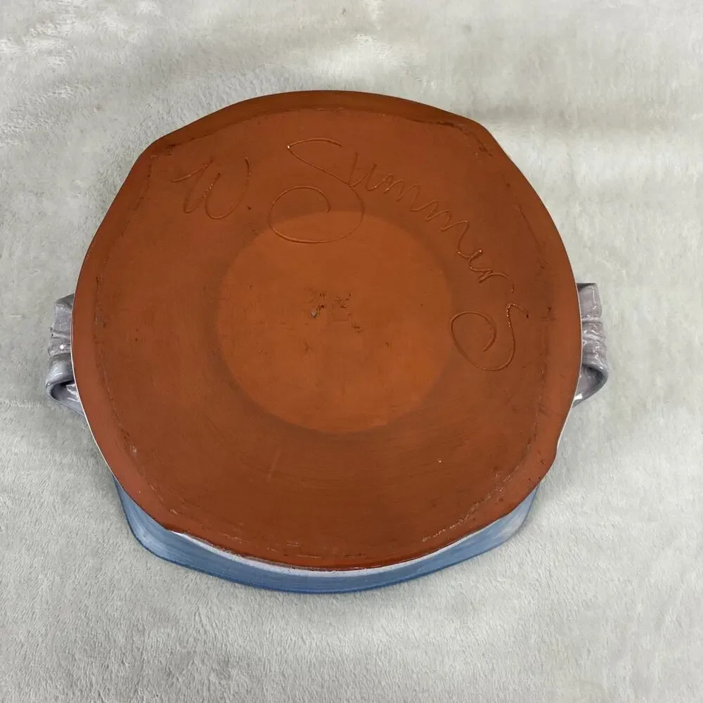 VTG Signed Studio Art Pottery Two Handled Decorative Bowl Blue Glaze 9